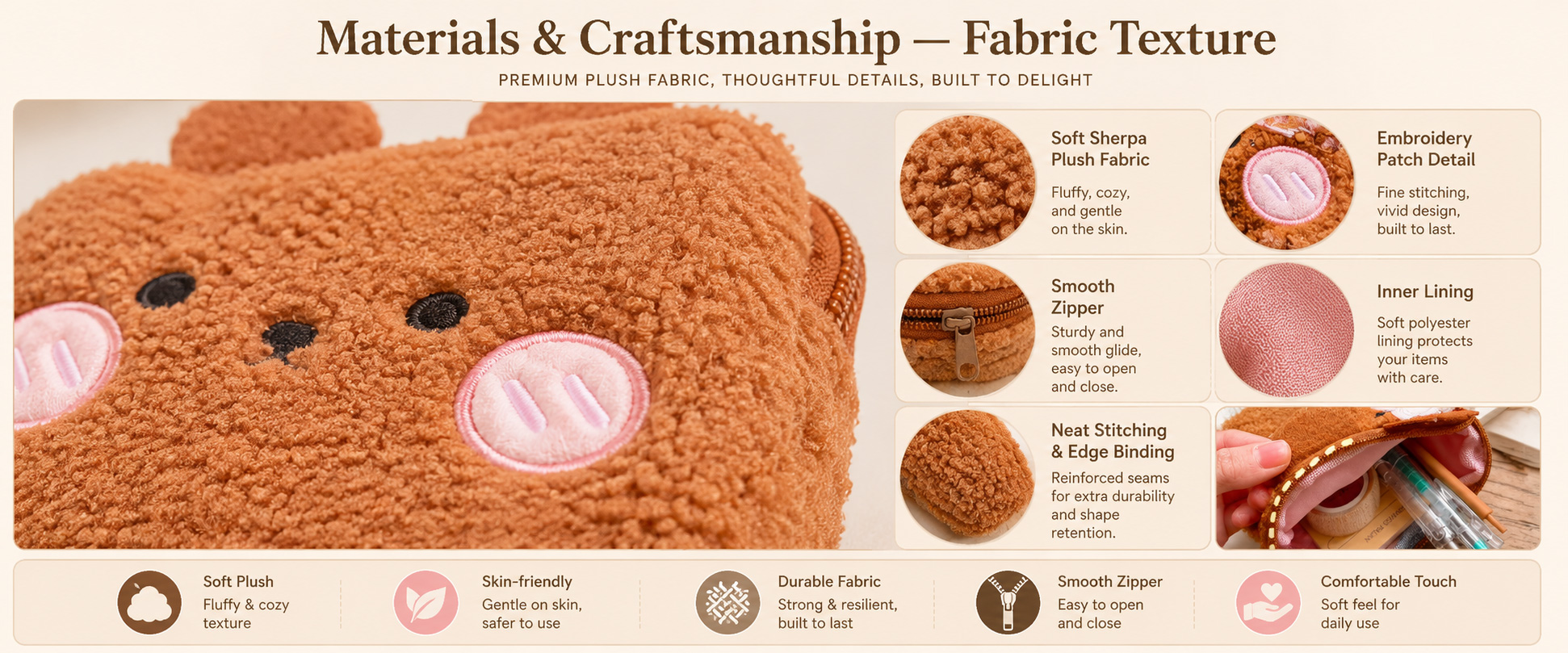 Materials and Craftsmanship

For a Mini Plush Wallet Bag, soft fabric texture, neat stitching, smooth zipper, clean cartoon shaping, and stable lining are important.