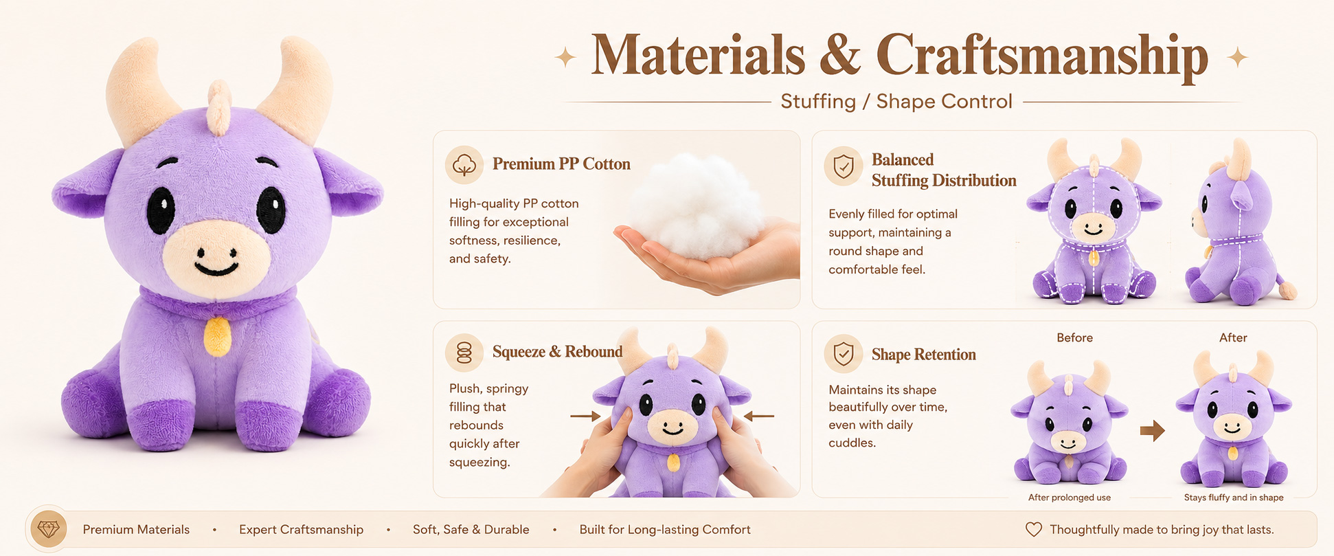 Materials and Craftsmanship

As a plush toy manufacturer, we focus on soft fabric selection, vivid shape development, embroidery accuracy, balanced filling, and clean finishing.