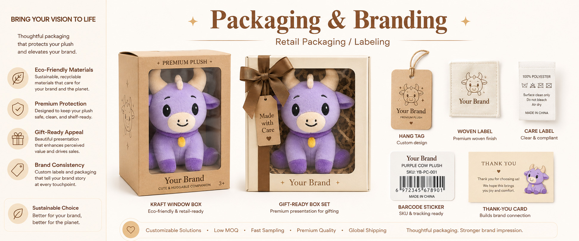 Individual Poly Bag	Protects each purple cow plush toy during storage and shipment
Custom Hang Tag	Adds product information, barcode, logo, cow name, and retail details
Woven Label	Supports private label branding and professional product identity