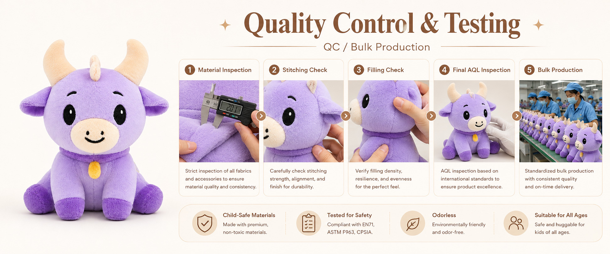 Sample Review	Cow size, body shape, horn structure, facial expression, and overall appearance
Embroidery Check	Pattern accuracy, thread color, stitching neatness, logo placement, and decorative details
Horn Check	Horn shape, attachment strength, symmetry, and softness