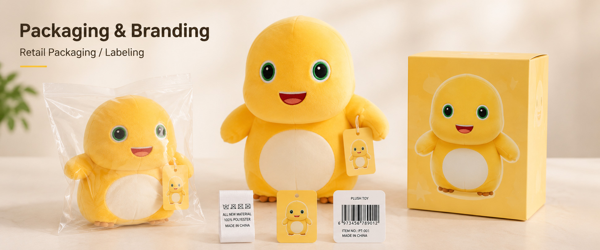 Individual Poly Bag	Protects each plush doll during storage, shipping, and wholesale handling
Custom Hang Tag	Adds brand logo, barcode, product name, character name, campaign message, and retail details
Woven Label	Supports private label branding and professional plush toy identity