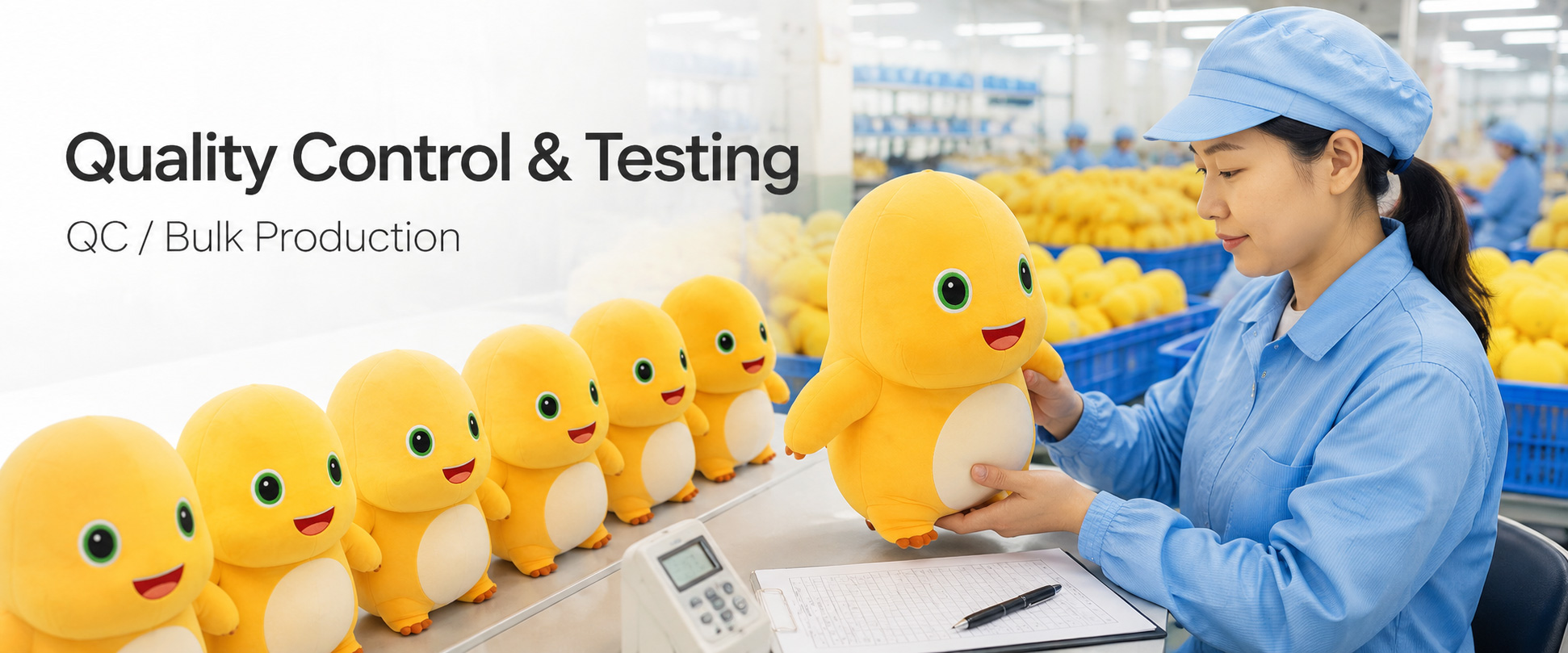 Material Check	Fabric softness, color consistency, texture, and material quality
Sample Review	Character shape, size, face expression, color matching, and overall appearance
Sewing Check	Stitching quality, seam strength, edge finishing, and plush toy structure