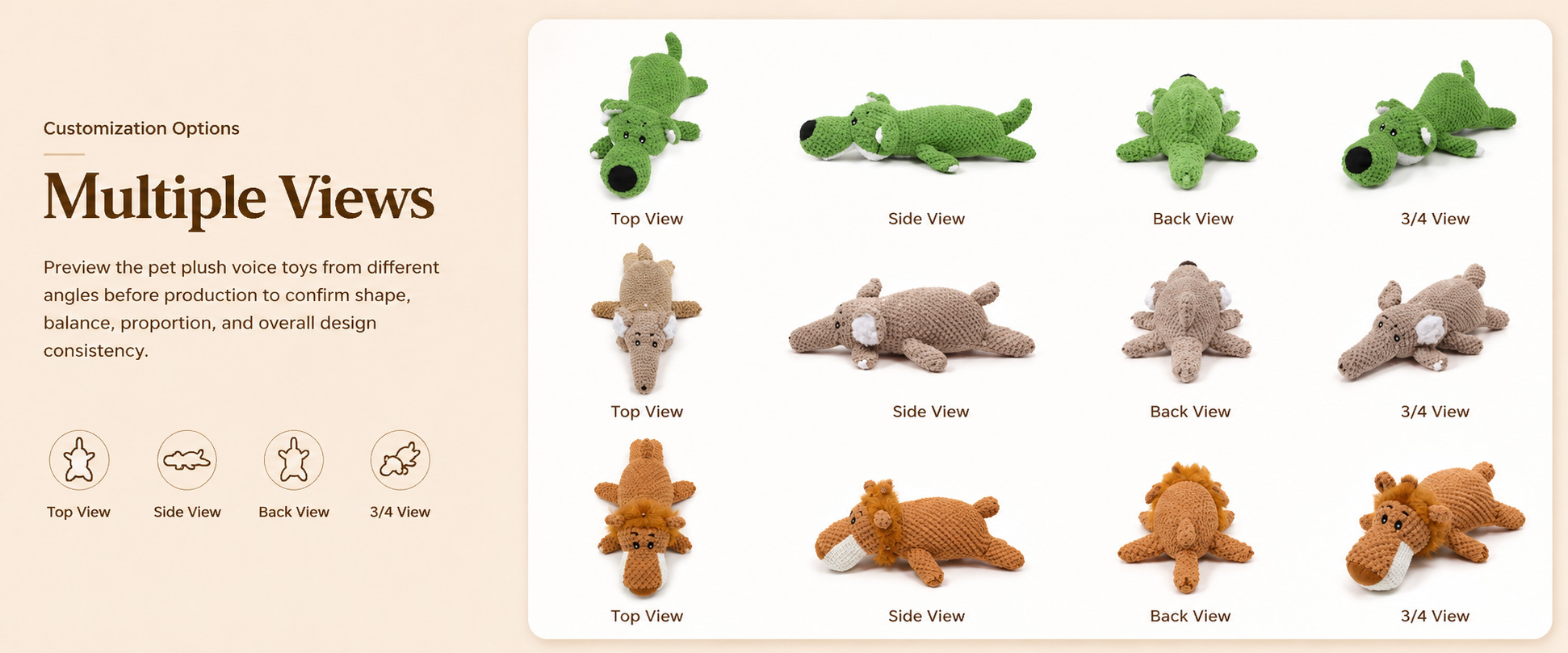 Animal Shape Dog, Duck, Rabbit, Bear, Pig, Fox, Dinosaur, Fish, Bone Shape, or Buyer-Owned Cartoon Animal Design Dog Size Target Puppies, Small Dogs, Medium Dogs, Gentle Chewers, or Buyer-Specified Pet Size Range Fabric Choice Short Plush, PV Fleece, Corduroy, Super Soft Plush, Canvas Panel, Oxford Fabric, or Custom Textile