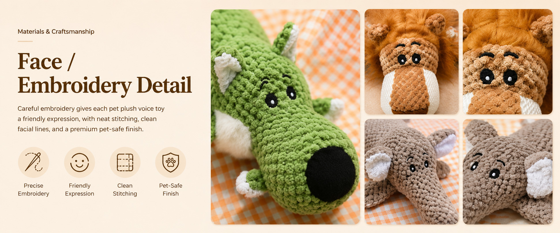 Materials and Craftsmanship For a Pet Dog Teething Plush Toy, soft but durable fabric, secure stitching, stable sound insert placement, and clean cartoon shaping are important.