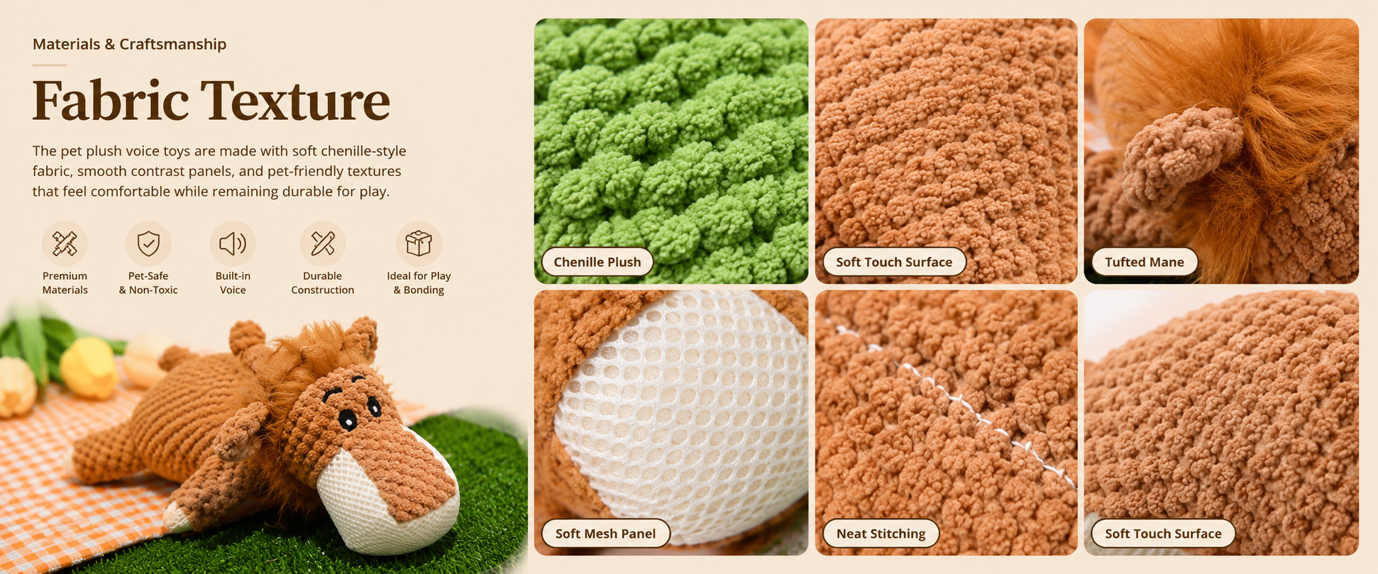Materials and Craftsmanship For a Pet Dog Teething Plush Toy, soft but durable fabric, secure stitching, stable sound insert placement, and clean cartoon shaping are important.