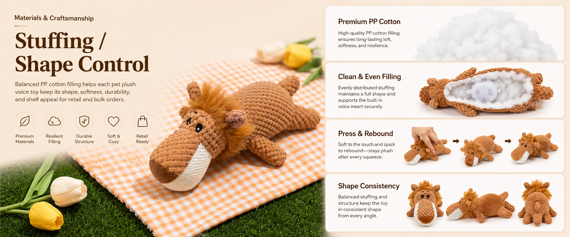 Materials and Craftsmanship For a Pet Dog Teething Plush Toy, soft but durable fabric, secure stitching, stable sound insert placement, and clean cartoon shaping are important.