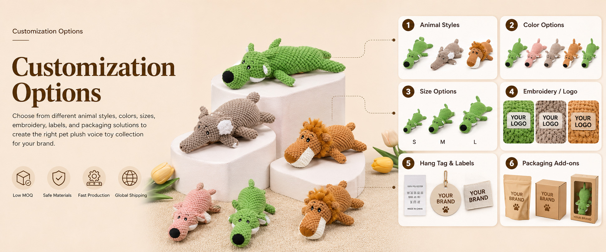 Animal Shape Dog, Duck, Rabbit, Bear, Pig, Fox, Dinosaur, Fish, Bone Shape, or Buyer-Owned Cartoon Animal Design Dog Size Target Puppies, Small Dogs, Medium Dogs, Gentle Chewers, or Buyer-Specified Pet Size Range Fabric Choice Short Plush, PV Fleece, Corduroy, Super Soft Plush, Canvas Panel, Oxford Fabric, or Custom Textile