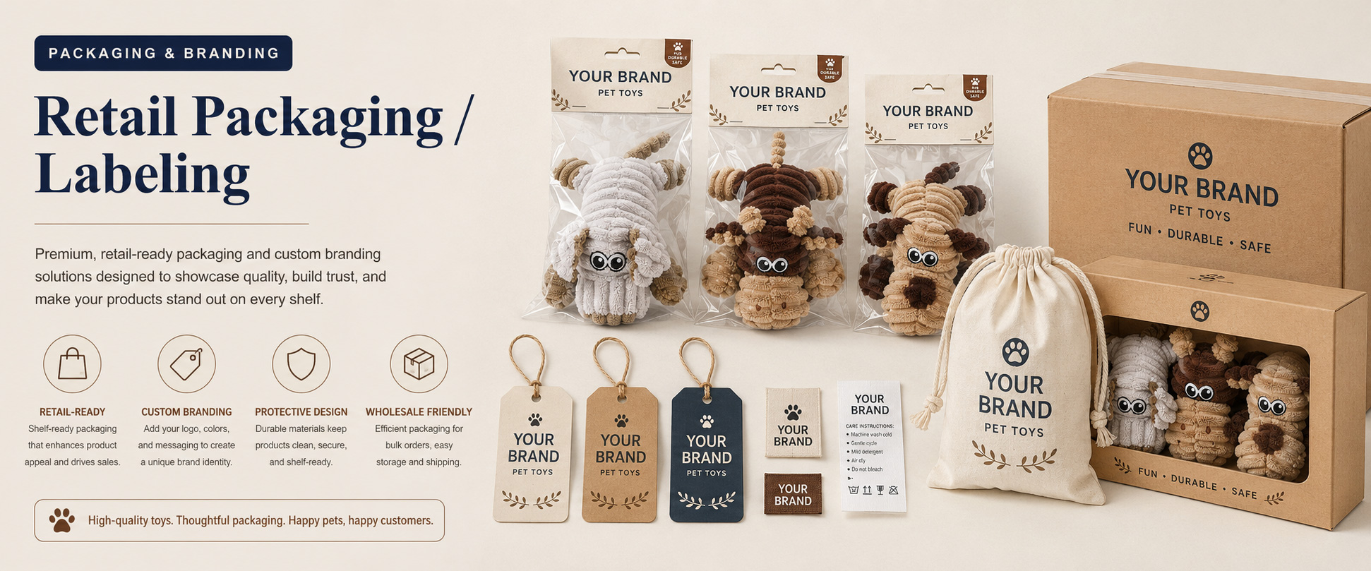 Individual Poly Bag Protects each plush pet toy during storage, shipping, and wholesale handling Eco Paper Card Useful for buyers who want a more eco-style retail presentation and recyclable packaging option Header Card Suitable for hanging displays in pet stores, supermarkets, gift shops, and online retail channels Individual Poly Bag Protects each plush pet toy during storage, shipping, and wholesale handling Eco Paper Card Useful for buyers who want a more eco-style retail presentation and recyclable packaging option Header Card Suitable for hanging displays in pet stores, supermarkets, gift shops, and online retail channels
