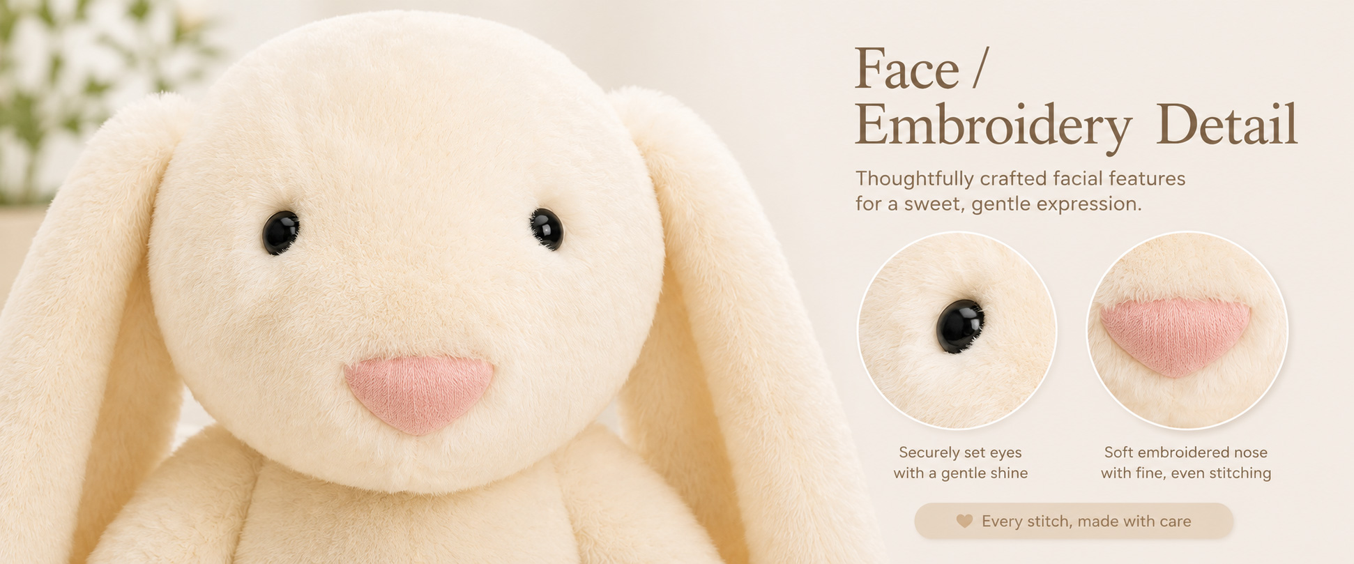 Materials and Craftsmanship As a plush toy manufacturer, we focus on soft fabric selection, balanced PP cotton filling, neat stitching, and cute rabbit details. Materials and Craftsmanship As a plush toy manufacturer, we focus on soft fabric selection, balanced PP cotton filling, neat stitching, and cute rabbit details.