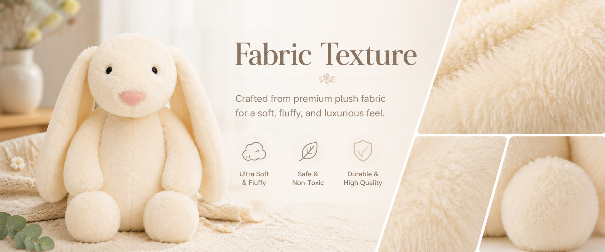 Materials and Craftsmanship As a plush toy manufacturer, we focus on soft fabric selection, balanced PP cotton filling, neat stitching, and cute rabbit details. Materials and Craftsmanship As a plush toy manufacturer, we focus on soft fabric selection, balanced PP cotton filling, neat stitching, and cute rabbit details.