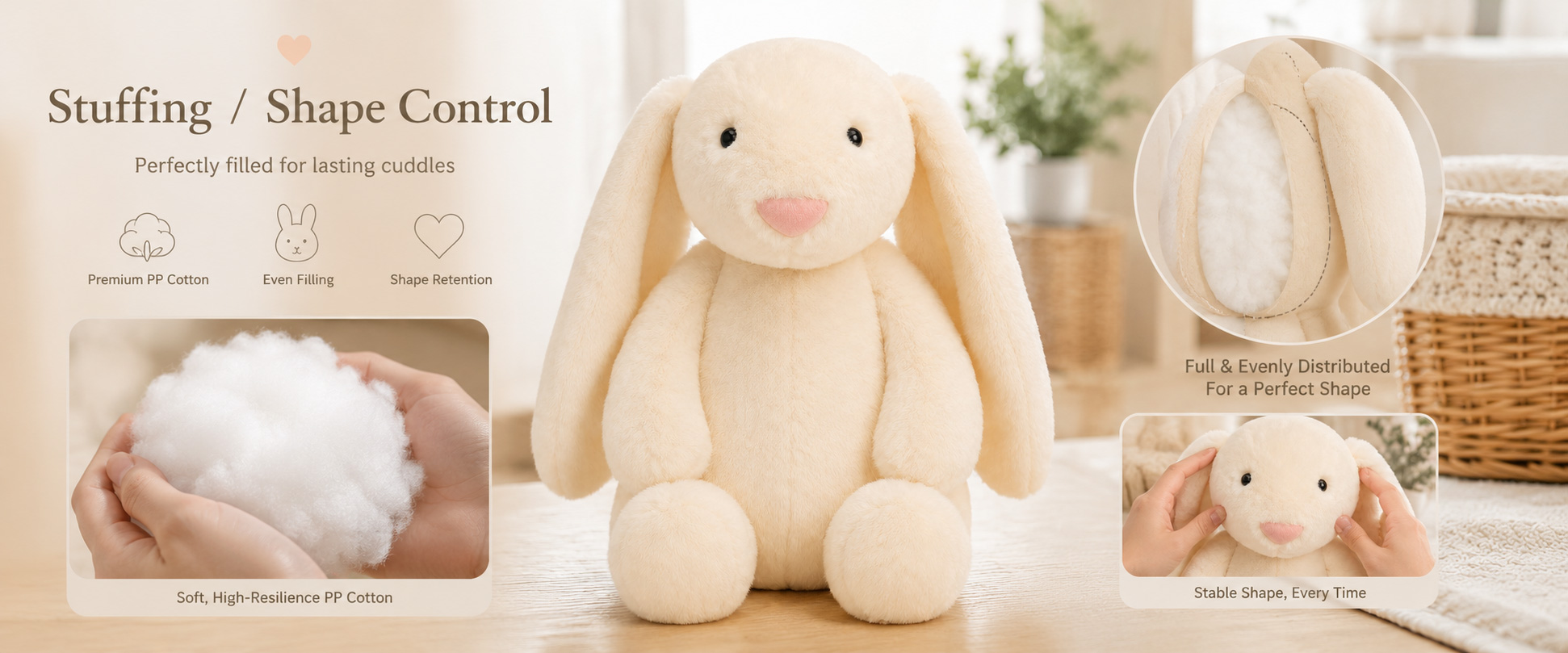 Materials and Craftsmanship As a plush toy manufacturer, we focus on soft fabric selection, balanced PP cotton filling, neat stitching, and cute rabbit details. Materials and Craftsmanship As a plush toy manufacturer, we focus on soft fabric selection, balanced PP cotton filling, neat stitching, and cute rabbit details.