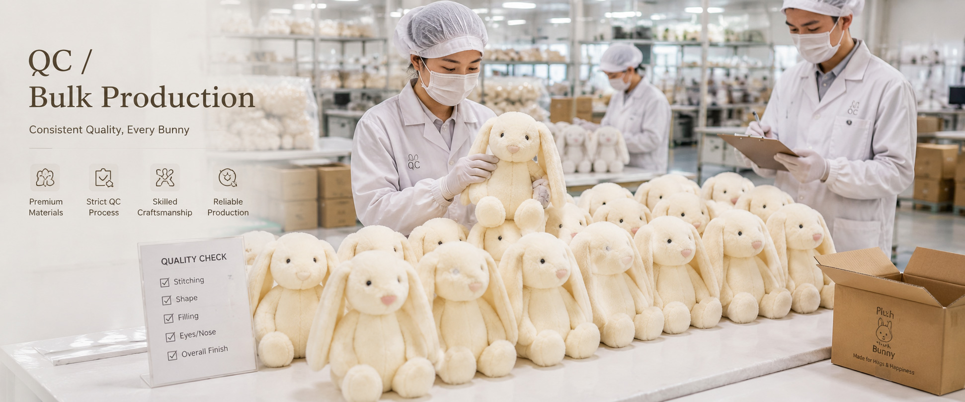 Material Check Plush fabric softness, color, texture, and material consistency Sample Review Rabbit size, body shape, face design, ear length, and overall appearance Cutting Check Fabric pattern accuracy and part consistency Material Check Plush fabric softness, color, texture, and material consistency Sample Review Rabbit size, body shape, face design, ear length, and overall appearance Cutting Check Fabric pattern accuracy and part consistency
