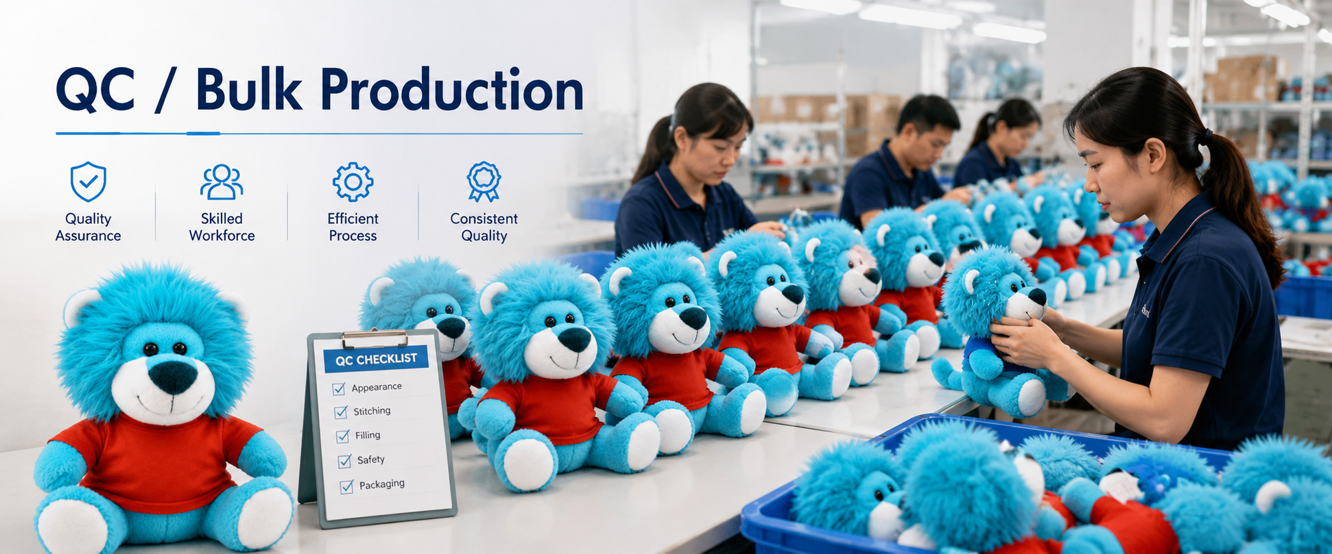 Quality control is important for promotional mascot plush orders because buyers need consistent shape, softness, color, embroidery, logo placement, accessories, and packaging quality across bulk production.