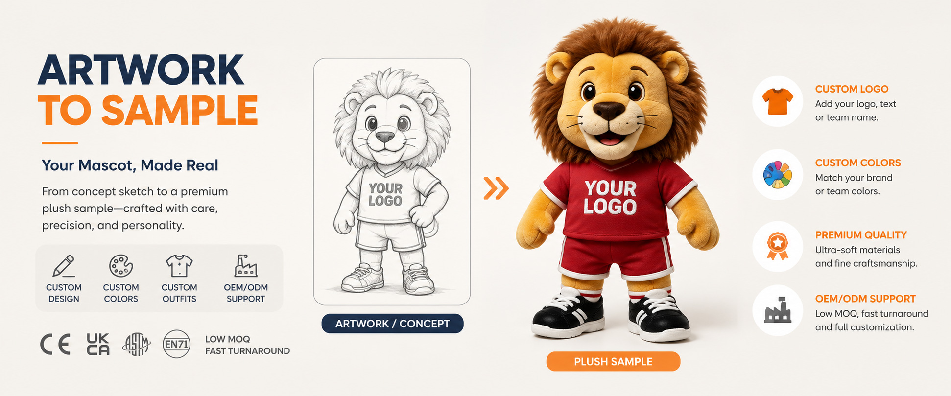 Our Custom Lion Mascot Plush is designed for brands, agencies, sports teams, schools, universities, event companies, and promotional buyers who want to turn a lion mascot, team symbol, campaign character, or brand icon into a soft plush product.