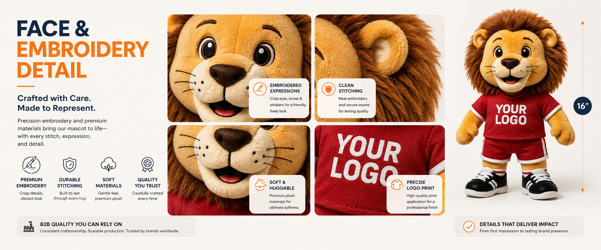 Materials and Craftsmanship For a Custom Lion Mascot Plush, accurate mascot shape, lion mane style, soft fabric, clean stitching, and brand color matching are important.