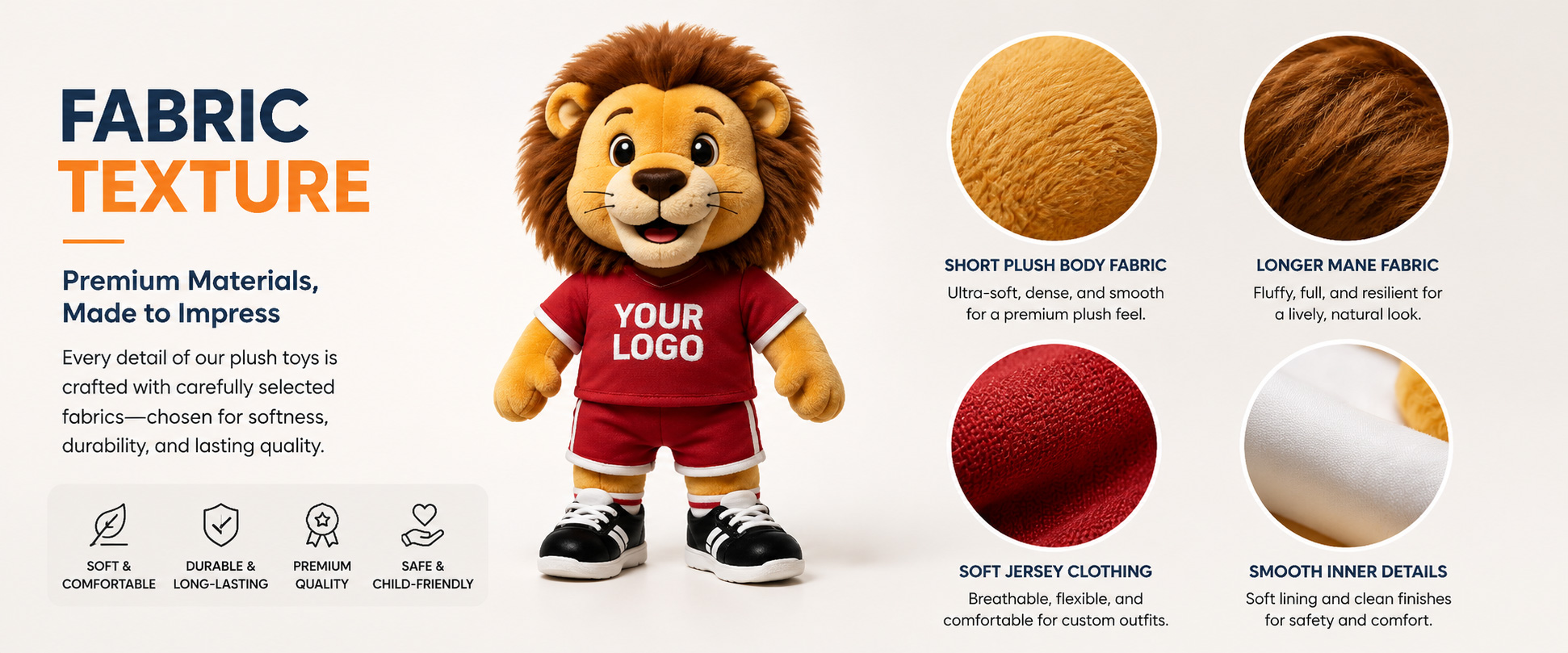 Materials and Craftsmanship For a Custom Lion Mascot Plush, accurate mascot shape, lion mane style, soft fabric, clean stitching, and brand color matching are important.