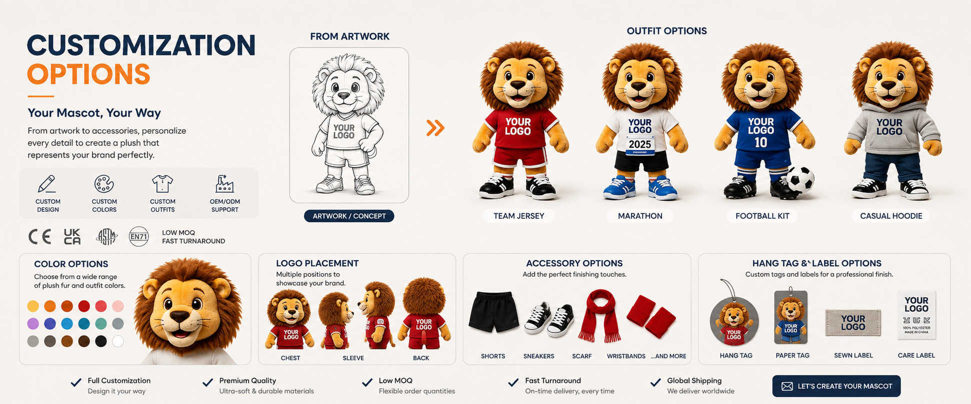 Lion Mascot Style Cute Lion, Sports Lion, Football Lion, School Lion, Brand Lion, Cartoon Lion, or Custom Lion Character Size and Shape Mini Plush, Medium Plush, Large Plush, Sitting Style, Standing Style, Keychain Plush, or Custom Shape Fabric Choice Short Plush, Super Soft Plush, Long Plush, Smooth Plush, PV Fleece, Minky Fabric, or Fluffy Plush