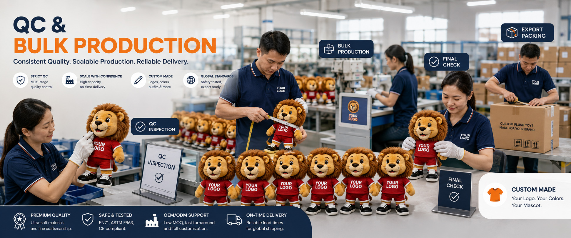 Artwork Matching Lion mascot shape, mane style, brand colors, logo position, character details, and overall design accuracy Material Check Fabric softness, mane texture, color consistency, and material quality Sewing Check Stitching quality, seam strength, edge finishing, and plush toy structure