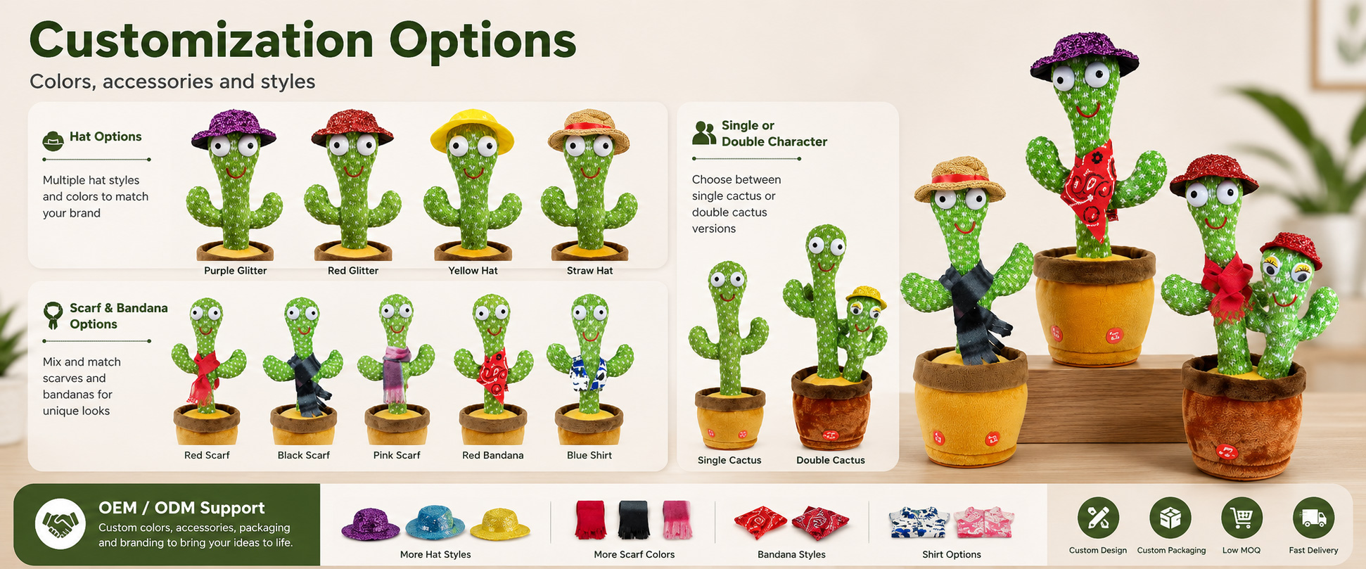 Cactus Design Classic Cactus, Cute Cactus, Dancing Cactus, Smiling Cactus, Character Cactus, or Buyer-Owned Design Size Options Small Gift Size, Medium Plush Size, Large Display Size, Kids’ Gift Size, or Custom Dimensions Fabric Choice Short Plush, Super Soft Plush, Crystal Plush, PV Fleece, Velboa, Printed Plush Fabric, or Custom Textile