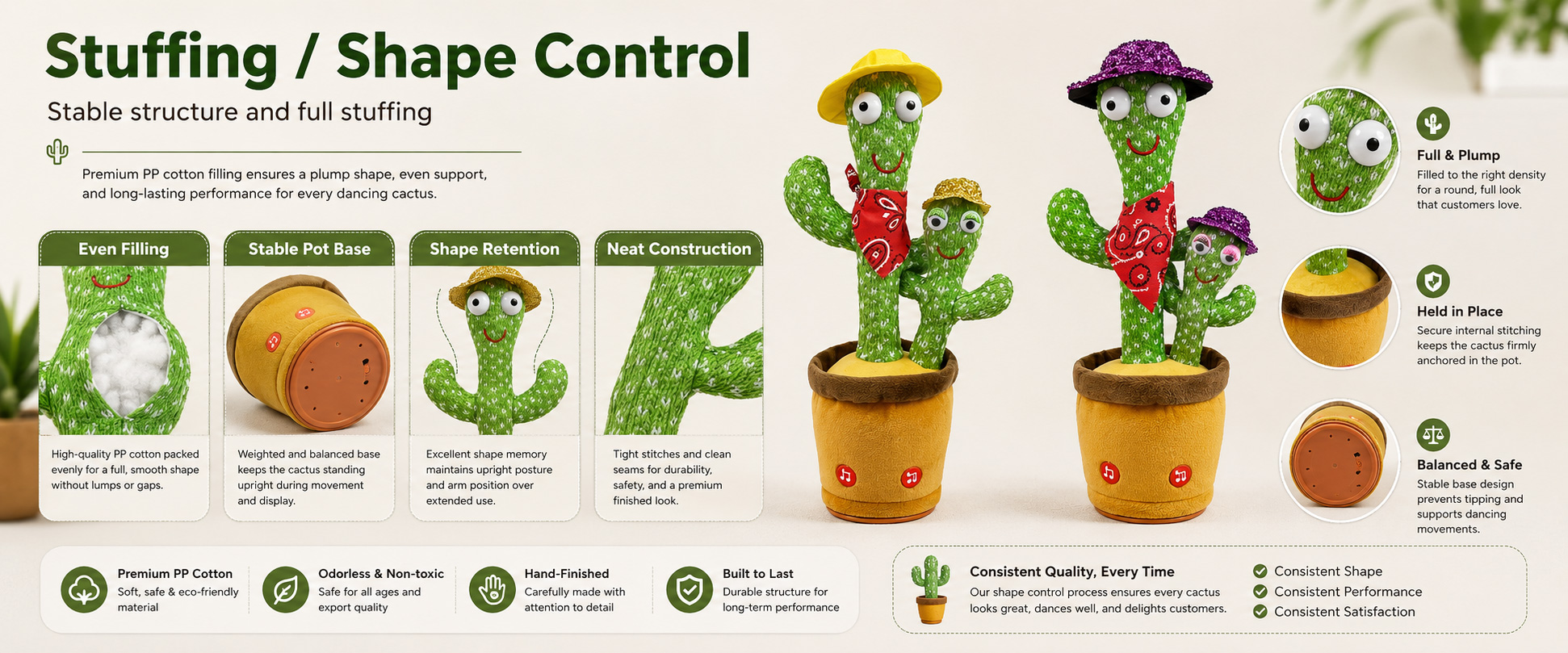 Materials and Craftsmanship For a Wholesale Dancing Cactus Plush Toy, soft fabric, stable electronic module placement, smooth dancing movement, clear sound output, secure stitching, and attractive cactus shaping are important.