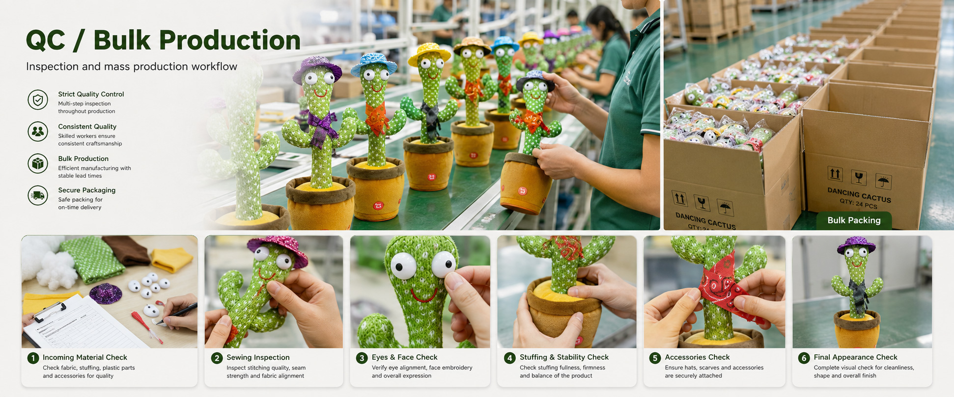 Material Check Fabric softness, green color consistency, texture, smell, and material quality Shape Check Cactus shape, body balance, flower detail, face position, size accuracy, and overall appearance Music and Sound Check Song playback, sound clarity, volume level, sound mimic function, button response, and buyer-approved audio