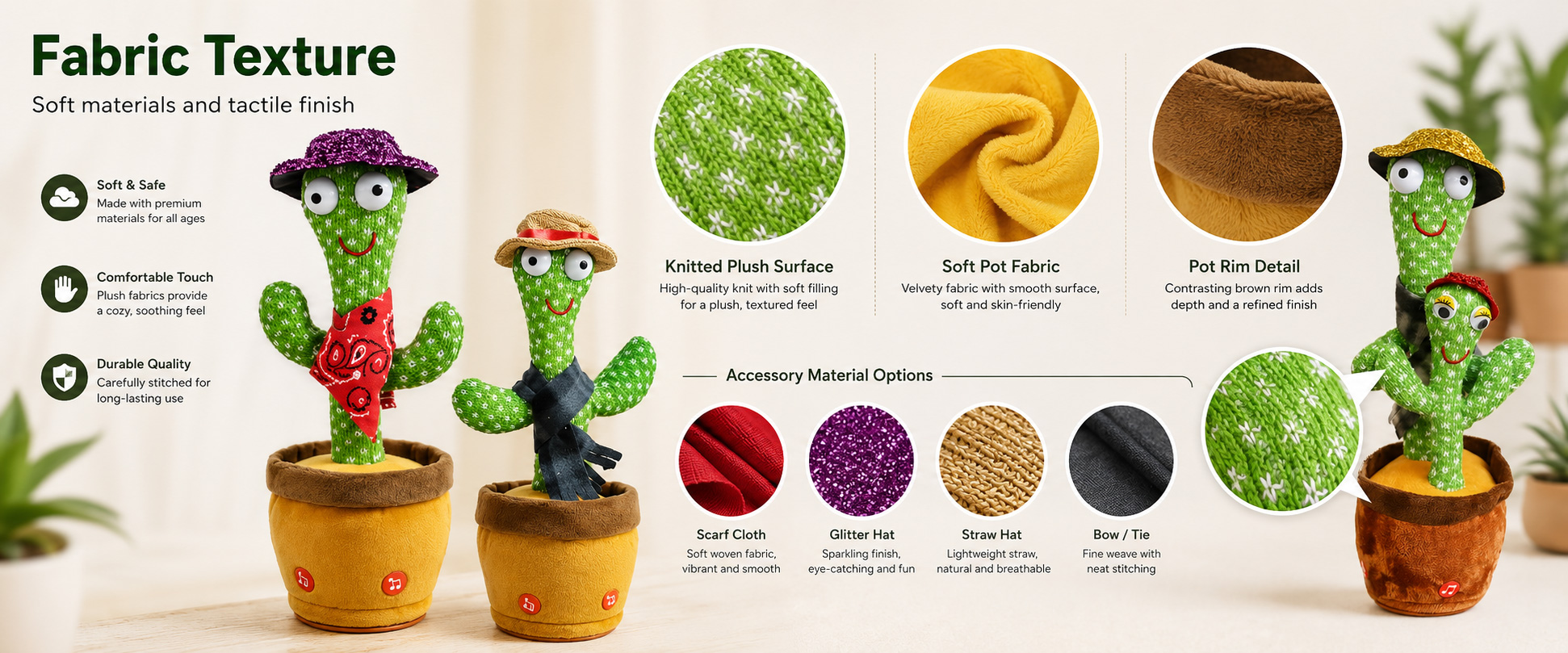 Materials and Craftsmanship For a Wholesale Dancing Cactus Plush Toy, soft fabric, stable electronic module placement, smooth dancing movement, clear sound output, secure stitching, and attractive cactus shaping are important.