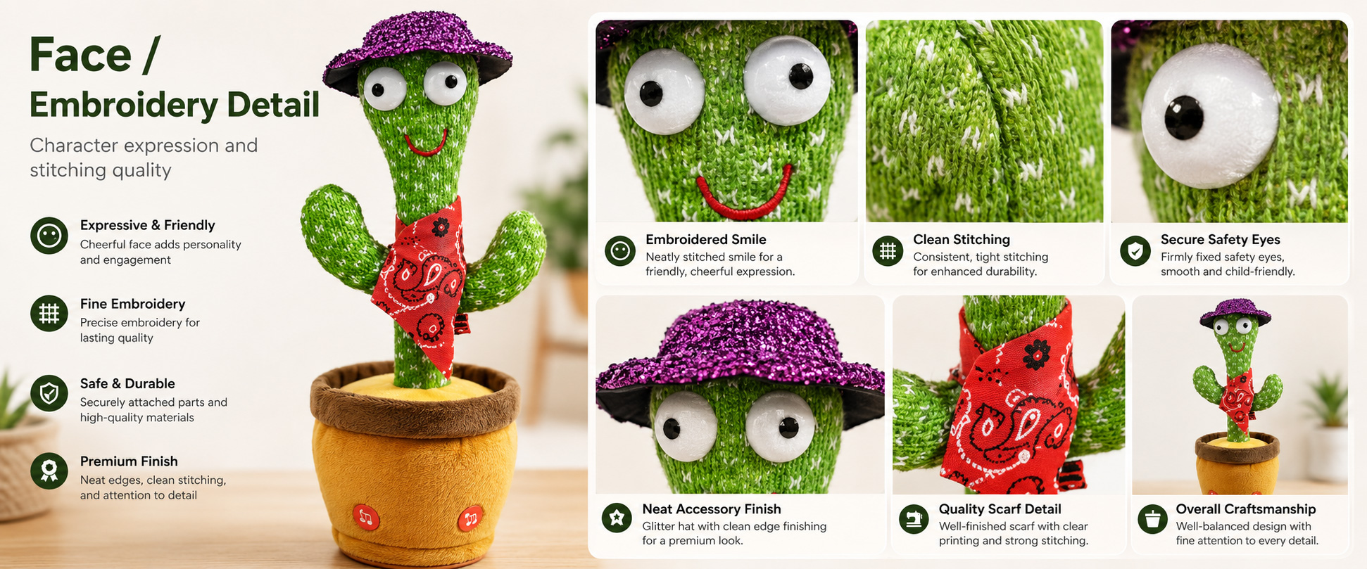Materials and Craftsmanship For a Wholesale Dancing Cactus Plush Toy, soft fabric, stable electronic module placement, smooth dancing movement, clear sound output, secure stitching, and attractive cactus shaping are important.