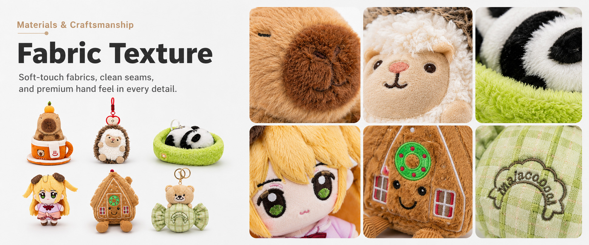 Materials and Craftsmanship

For custom plush toys, accurate shape development, soft fabric selection, balanced stuffing, clean embroidery, and strong stitching are important.