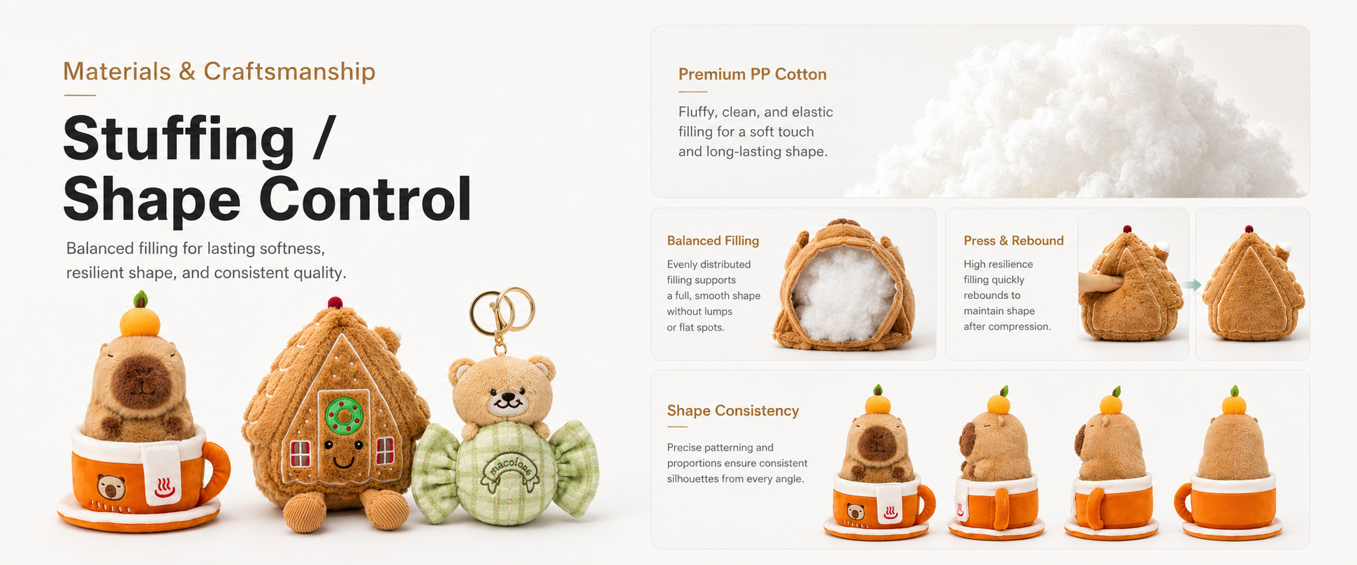 Materials and Craftsmanship

For custom plush toys, accurate shape development, soft fabric selection, balanced stuffing, clean embroidery, and strong stitching are important.