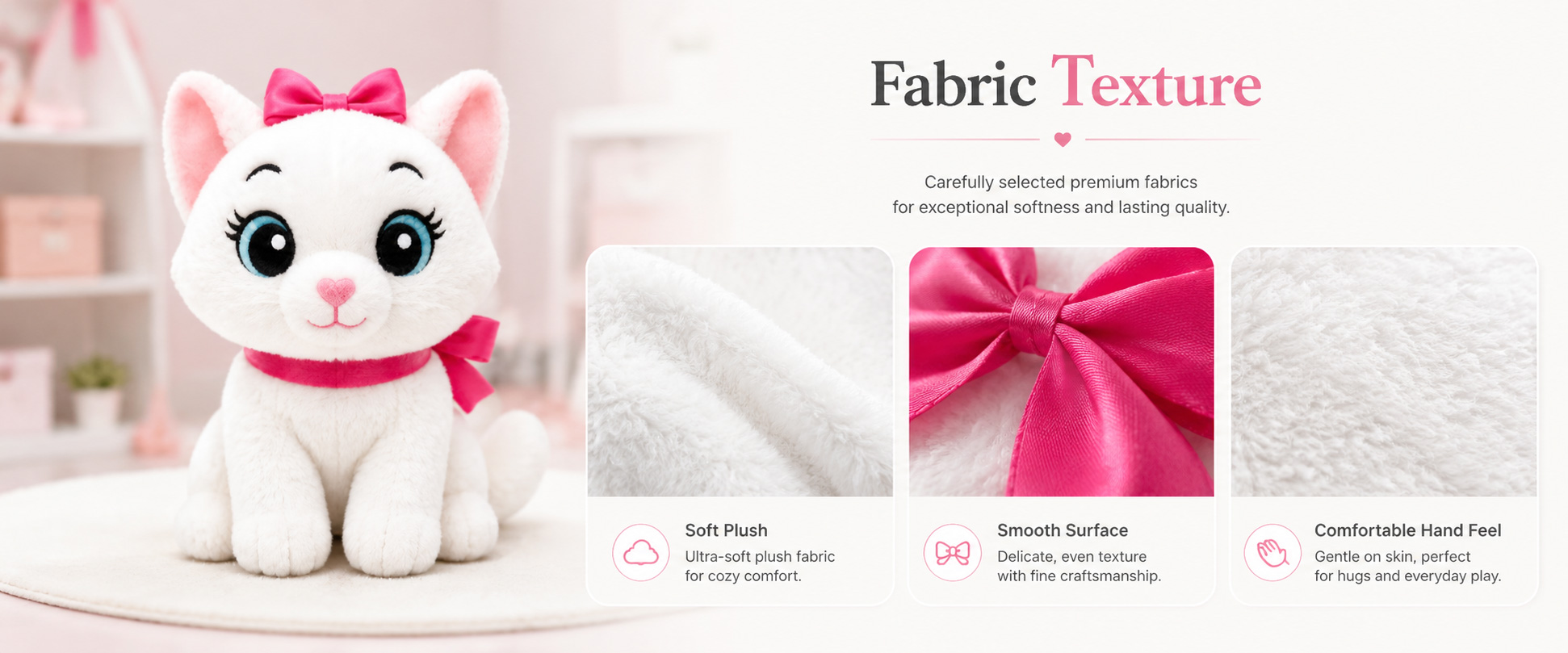 Materials and Craftsmanship

As a Stuffed Animal Manufacturer, we focus on soft fabric selection, accurate pattern cutting, neat sewing, balanced filling, and attractive cat details.
