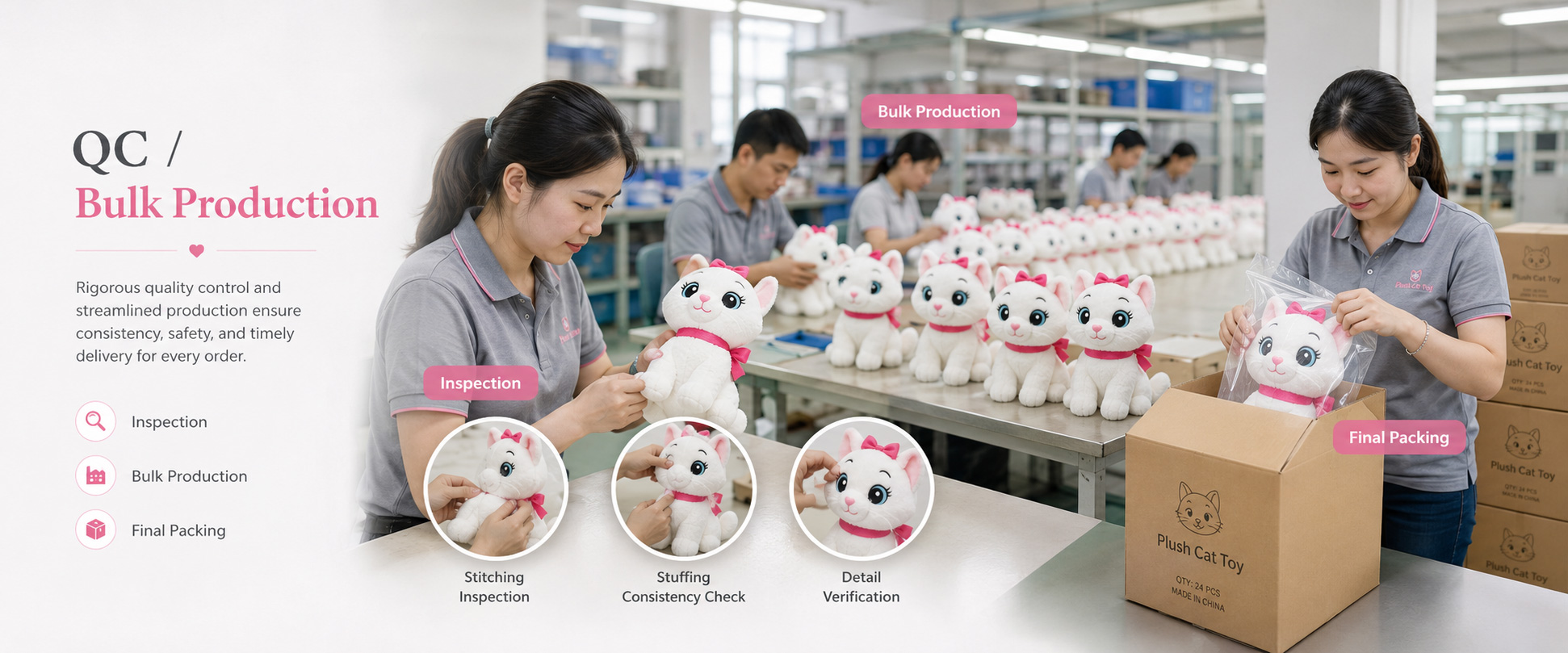 Material Check	Fabric softness, color consistency, texture, and material quality
Sample Review	Cat shape, size, face design, ear position, tail style, and overall appearance
Sewing Check	Stitching quality, seam strength, paw details, and plush toy structure