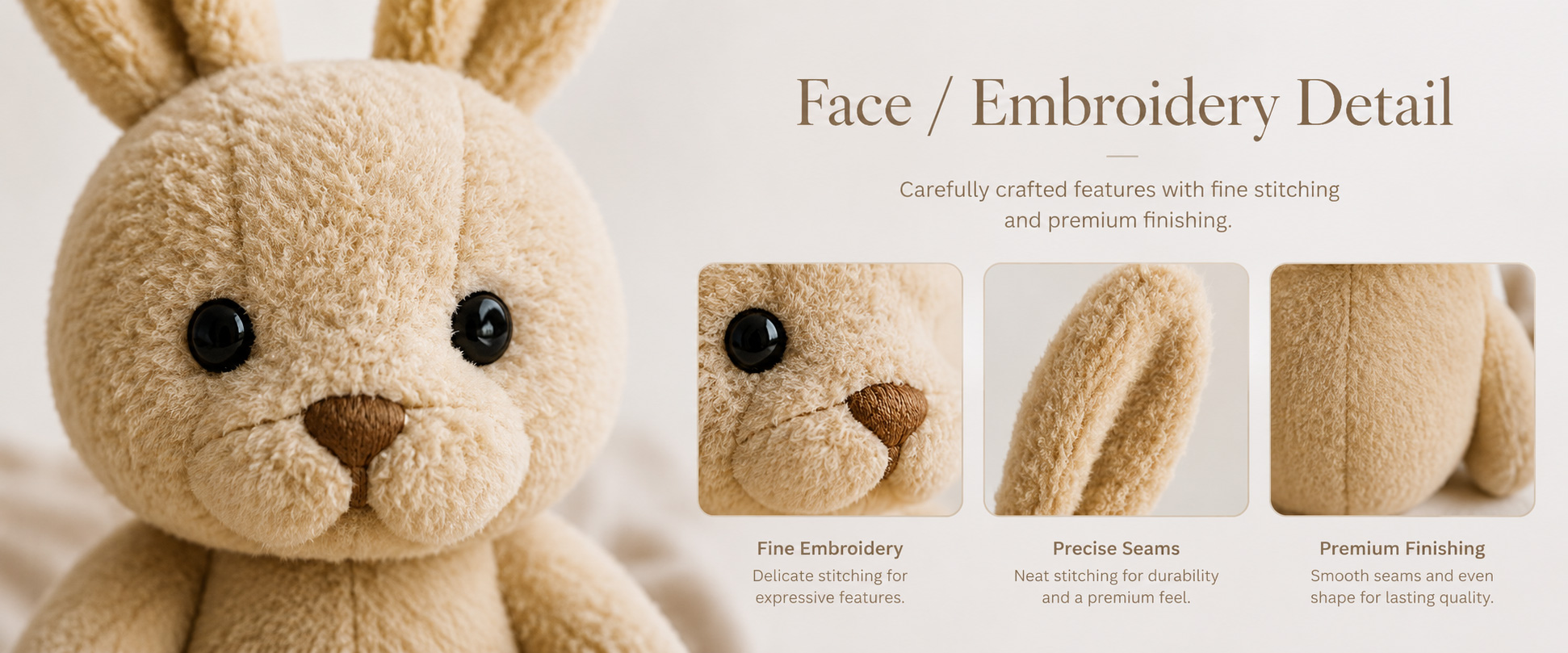 Materials and Craftsmanship As a plush toy manufacturer, we focus on soft fabric selection, balanced PP cotton filling, clean stitching, and cute rabbit details.