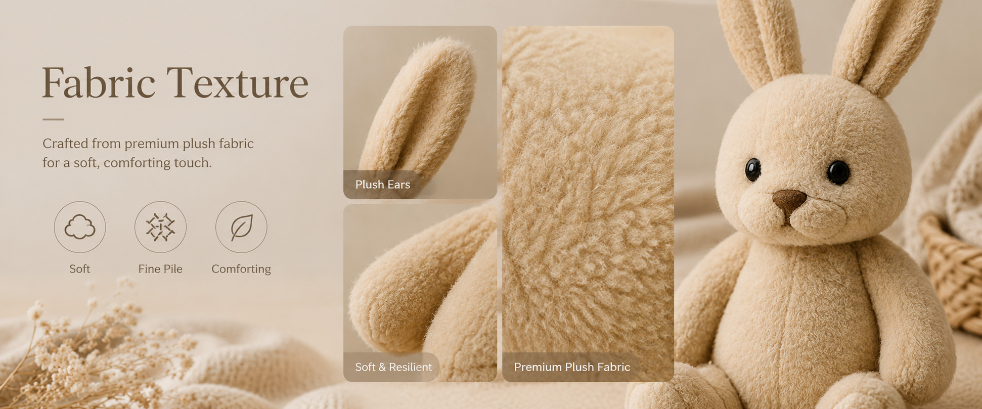Materials and Craftsmanship As a plush toy manufacturer, we focus on soft fabric selection, balanced PP cotton filling, clean stitching, and cute rabbit details.