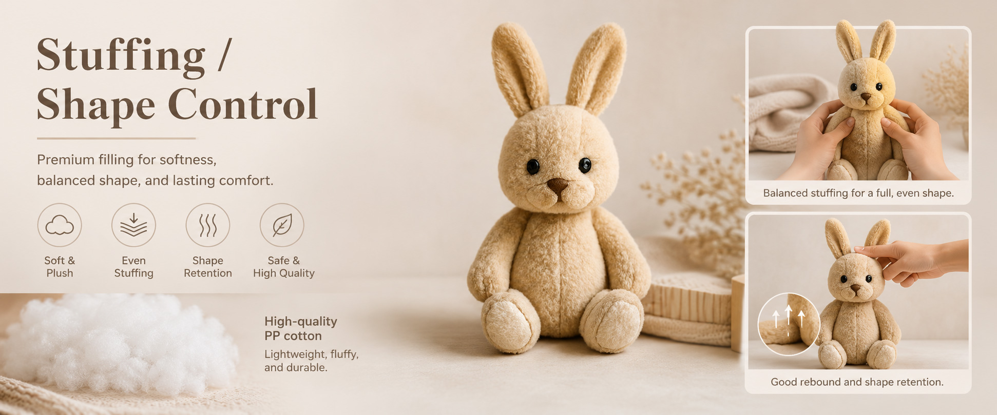 Materials and Craftsmanship As a plush toy manufacturer, we focus on soft fabric selection, balanced PP cotton filling, clean stitching, and cute rabbit details.