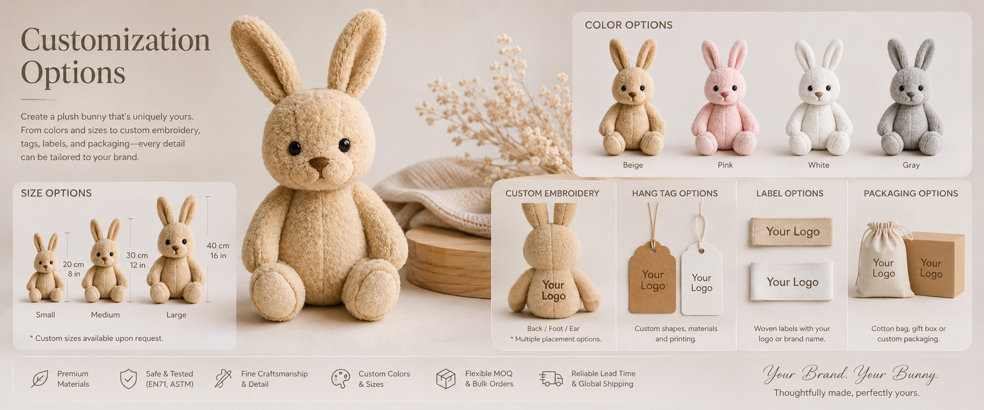 Rabbit Style Super Soft Bunny, Long Ear Rabbit, Standing Ear Bunny, Baby Bunny, Sitting Bunny, or Custom Rabbit Character Size Mini Plush, Medium Plush, Large Plush, Giant Plush, or Custom Dimensions Fabric Choice Super Soft Plush, Short Plush, Long Plush, PV Fleece, Polyester Plush, or Other Soft-Touch Materials