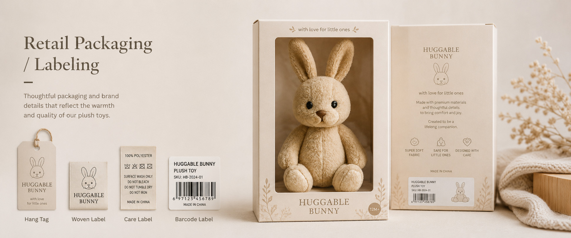 Individual Poly Bag Protects each bunny plush toy during storage and shipment Custom Hang Tag Adds product information, barcode, logo, rabbit name, and retail details Woven Label Supports private label branding and professional product identity