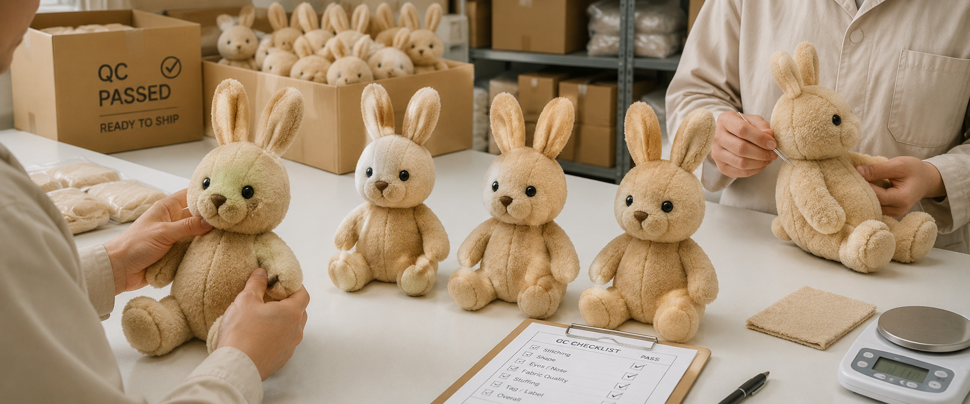 Material Check Plush fabric softness, color, texture, and material consistency Sample Review Rabbit size, body shape, face design, ear shape, and overall appearance Cutting Check Fabric pattern accuracy and part consistency