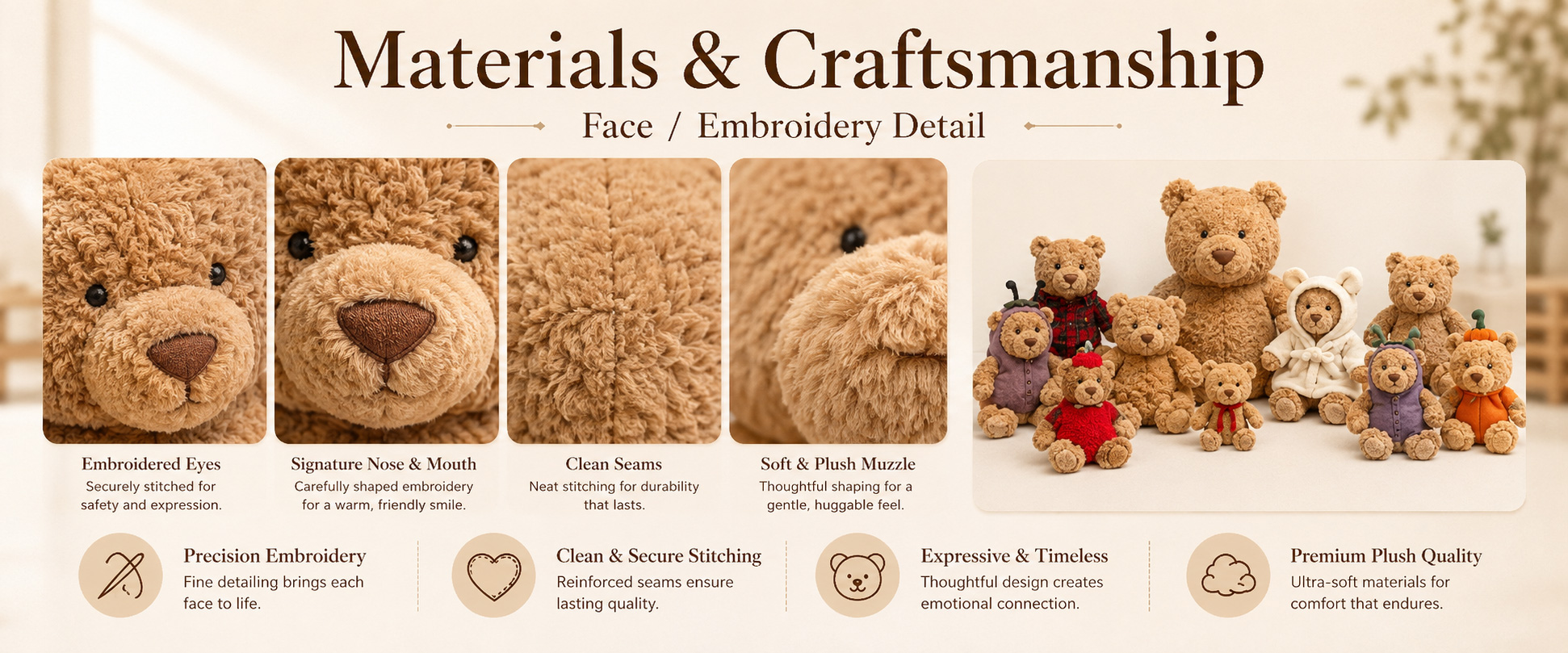 Materials and Craftsmanship

For a Collectible Teddy Bear Plush, fabric softness, bear shape, stitching quality, and filling balance are very important.