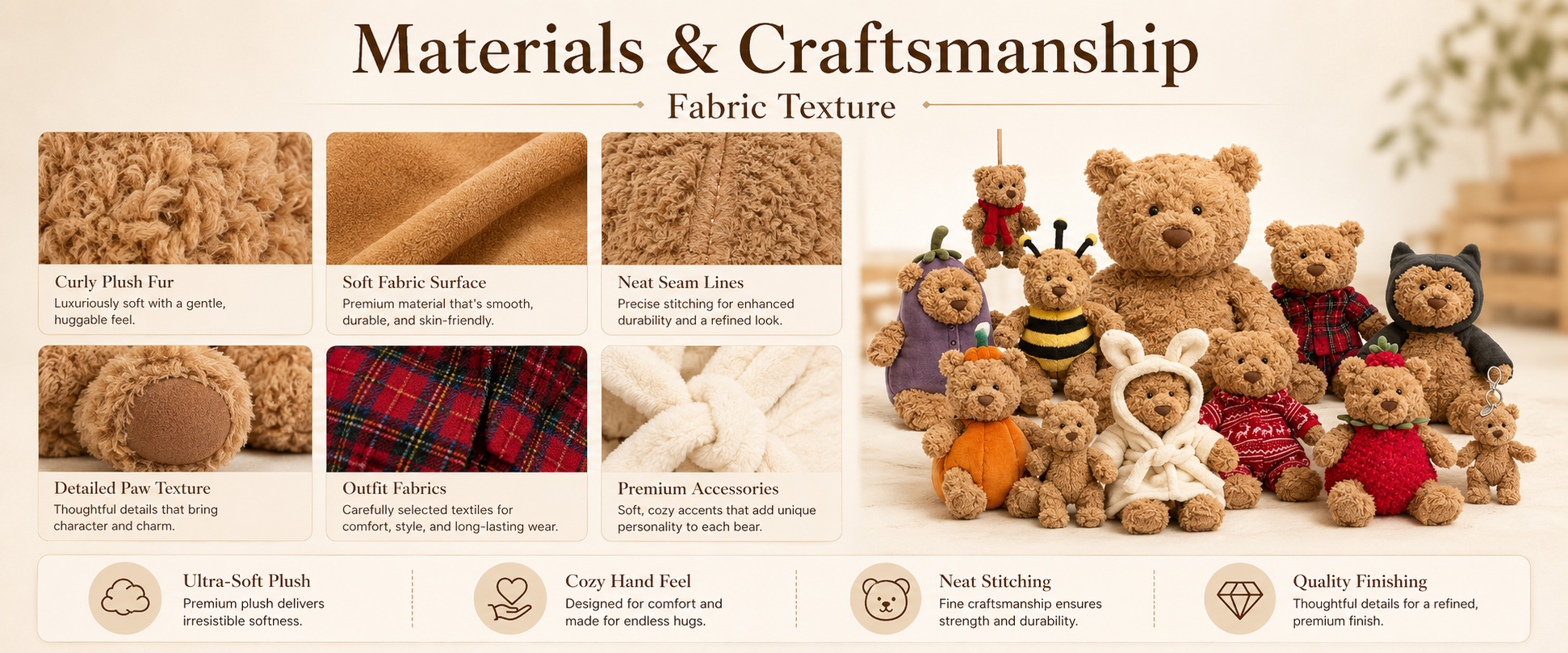 Materials and Craftsmanship For a Collectible Teddy Bear Plush, fabric softness, bear shape, stitching quality, and filling balance are very important. Materials and Craftsmanship
For a Collectible Teddy Bear Plush, fabric softness, bear shape, stitching quality, and filling balance are very important.