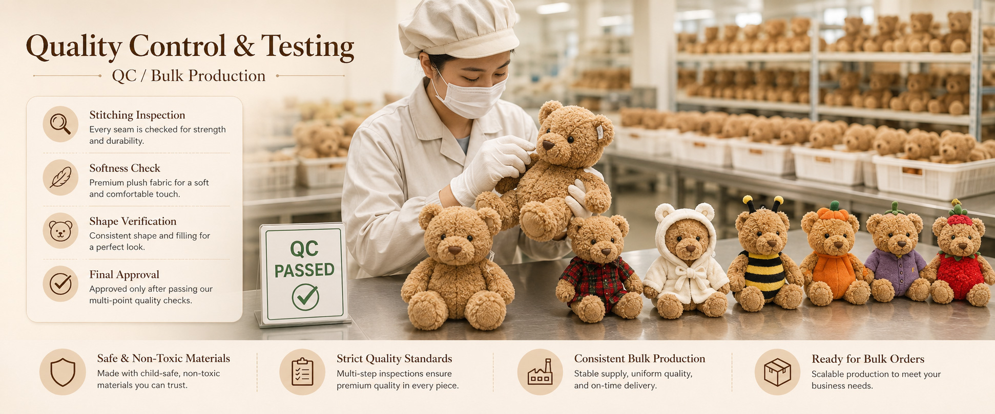 Material Check Fabric softness, color consistency, texture, and material quality Sample Review Bear shape, face expression, size, color matching, paw details, and overall appearance Sewing Check Stitching quality, seam strength, edge finishing, and plush toy structure Material Check Fabric softness, color consistency, texture, and material quality
Sample Review Bear shape, face expression, size, color matching, paw details, and overall appearance
Sewing Check Stitching quality, seam strength, edge finishing, and plush toy structure