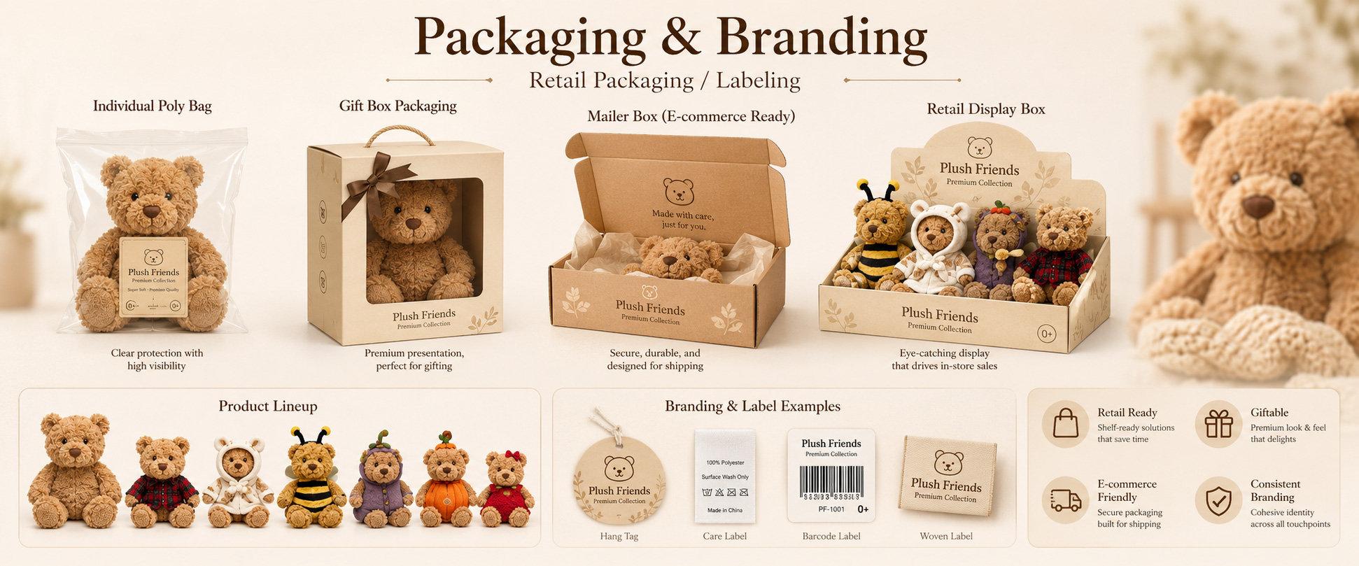 Individual Poly Bag Protects each teddy bear plush during storage, shipping, and wholesale handling Custom Hang Tag Adds logo, barcode, product name, bear story, care details, collection name, and retail information Individual Poly Bag Protects each teddy bear plush during storage, shipping, and wholesale handling
Custom Hang Tag Adds logo, barcode, product name, bear story, care details, collection name, and retail information