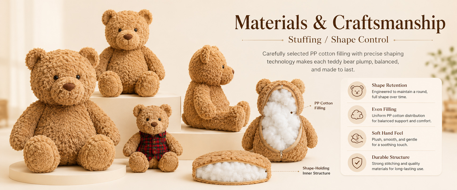 Materials and Craftsmanship For a Collectible Teddy Bear Plush, fabric softness, bear shape, stitching quality, and filling balance are very important. Materials and Craftsmanship
For a Collectible Teddy Bear Plush, fabric softness, bear shape, stitching quality, and filling balance are very important.