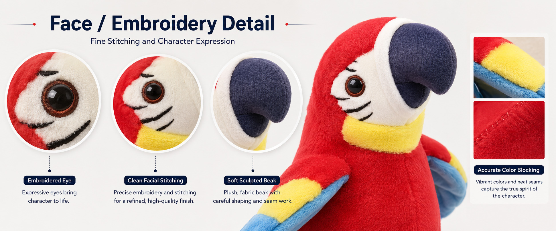 Materials and Craftsmanship For a Talking Macaw Parrot Plush, colorful fabric, clean bird shaping, stable electronic module placement, clear sound playback, and secure stitching are important.