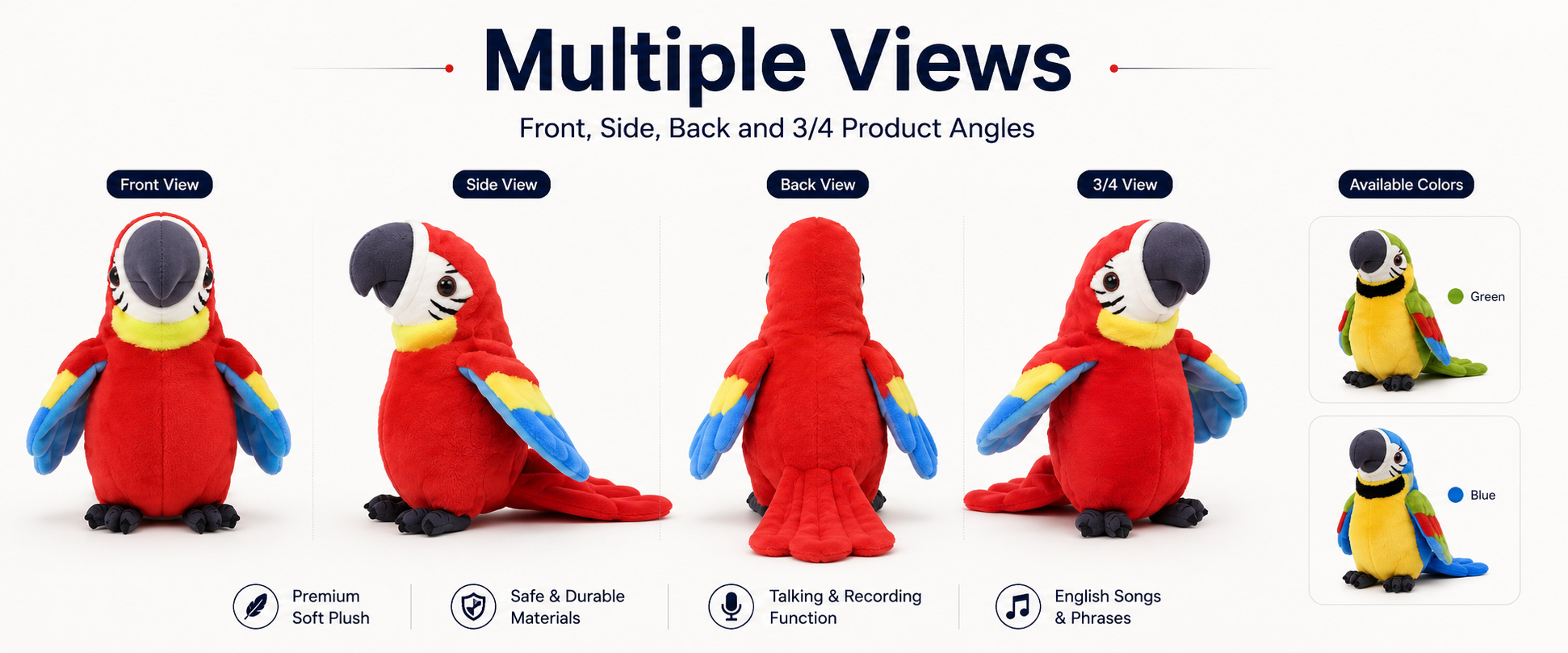 Bird Design Macaw Parrot, Cartoon Parrot, Tropical Bird, Pet Bird, Talking Bird, or Buyer-Owned Custom Design Size Options Small Gift Size, Medium Plush Size, Large Interactive Plush Size, Retail Display Size, or Custom Dimensions Fabric Choice Short Plush, Super Soft Plush, Crystal Plush, PV Fleece, Velboa, Printed Plush Fabric, or Custom Textile Bird Design Macaw Parrot, Cartoon Parrot, Tropical Bird, Pet Bird, Talking Bird, or Buyer-Owned Custom Design Size Options Small Gift Size, Medium Plush Size, Large Interactive Plush Size, Retail Display Size, or Custom Dimensions Fabric Choice Short Plush, Super Soft Plush, Crystal Plush, PV Fleece, Velboa, Printed Plush Fabric, or Custom Textile