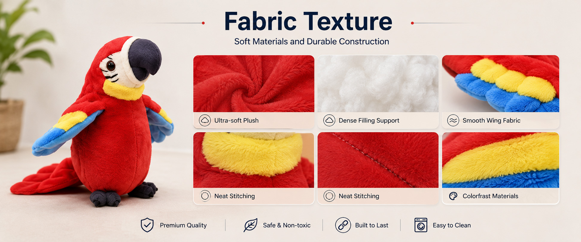 Materials and Craftsmanship For a Talking Macaw Parrot Plush, colorful fabric, clean bird shaping, stable electronic module placement, clear sound playback, and secure stitching are important. Materials and Craftsmanship For a Talking Macaw Parrot Plush, colorful fabric, clean bird shaping, stable electronic module placement, clear sound playback, and secure stitching are important.