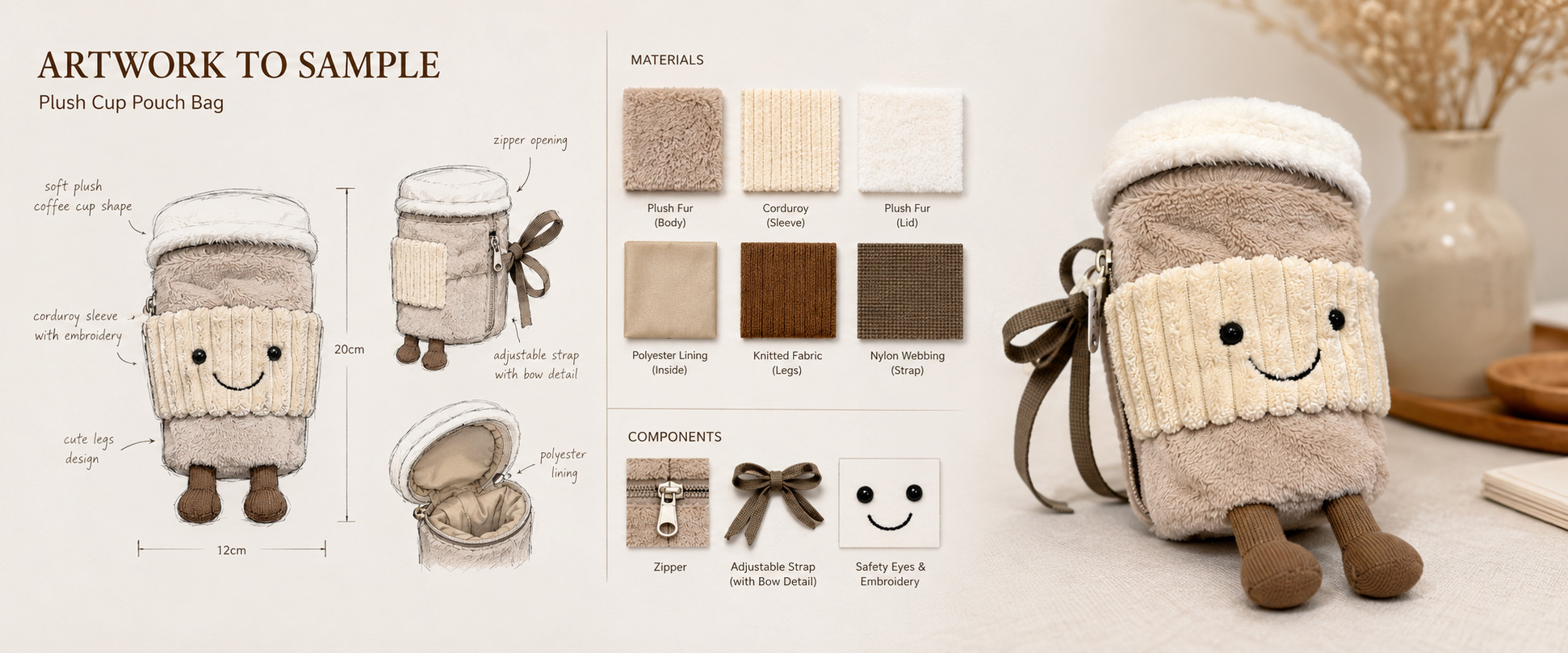 Our Coffee Cup Plush Crossbody Bag is designed for fashion retailers, boutique stores, gift shops, online sellers, novelty accessory brands, toy gift suppliers, and private label buyers.