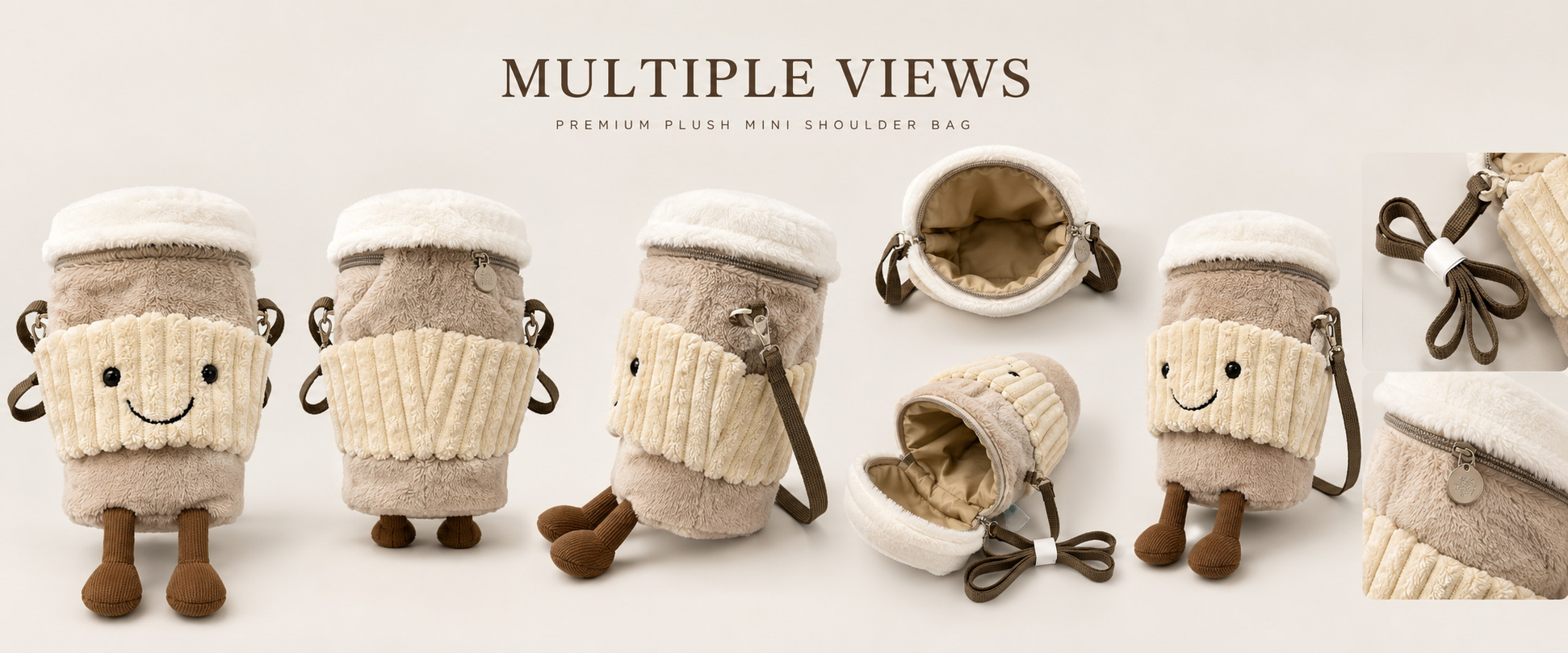 Bag Shape	Coffee Cup, Takeaway Coffee Cup, Latte Cup, Drink Cup, Character Cup, or Buyer-Owned Custom Shape
Size Options	Mini Gift Size, Small Crossbody Size, Medium Plush Bag Size, Phone Bag Size, or Custom Dimensions
Fabric Choice	Super Soft Plush, Short Plush, Minky Fabric, Sherpa Plush, Faux Fur Plush, Velvet, or Custom Textile