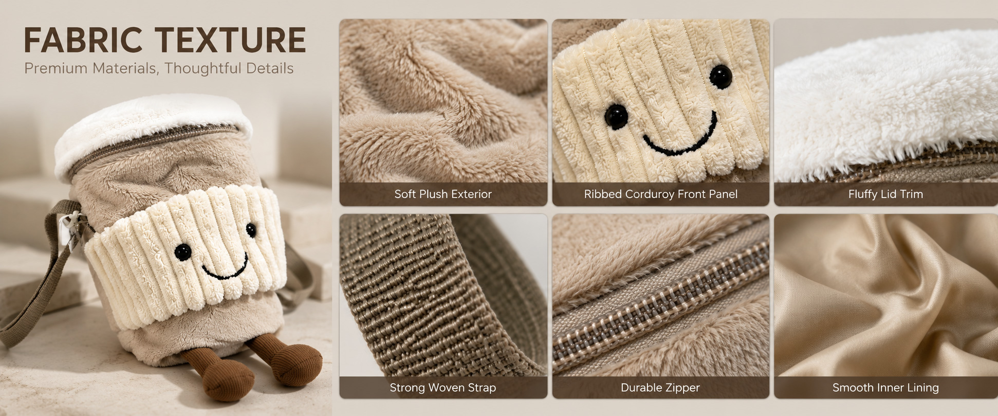 Materials and Craftsmanship

For a Coffee Cup Plush Crossbody Bag, soft plush texture, accurate cup shape, neat stitching, stable strap attachment, smooth closure, and clean embroidery are important.