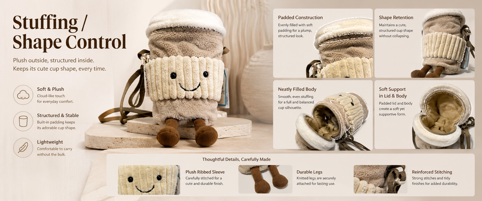 Materials and Craftsmanship

For a Coffee Cup Plush Crossbody Bag, soft plush texture, accurate cup shape, neat stitching, stable strap attachment, smooth closure, and clean embroidery are important.