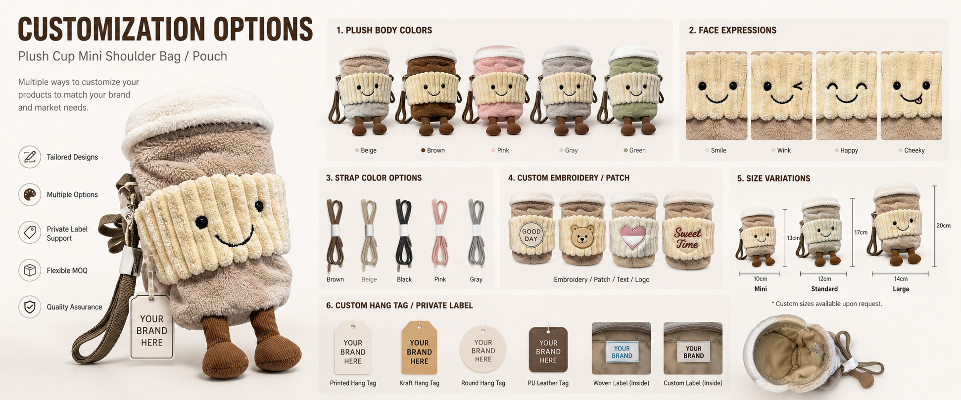 Bag Shape	Coffee Cup, Takeaway Coffee Cup, Latte Cup, Drink Cup, Character Cup, or Buyer-Owned Custom Shape
Size Options	Mini Gift Size, Small Crossbody Size, Medium Plush Bag Size, Phone Bag Size, or Custom Dimensions
Fabric Choice	Super Soft Plush, Short Plush, Minky Fabric, Sherpa Plush, Faux Fur Plush, Velvet, or Custom Textile